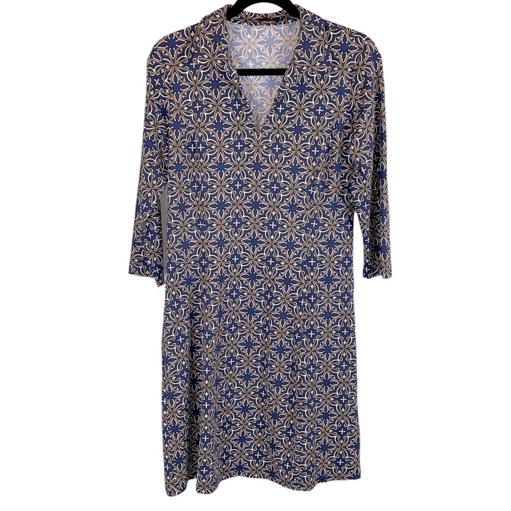 J. McLaughlin Navy and Beige Patterned Long Sleeve Dress